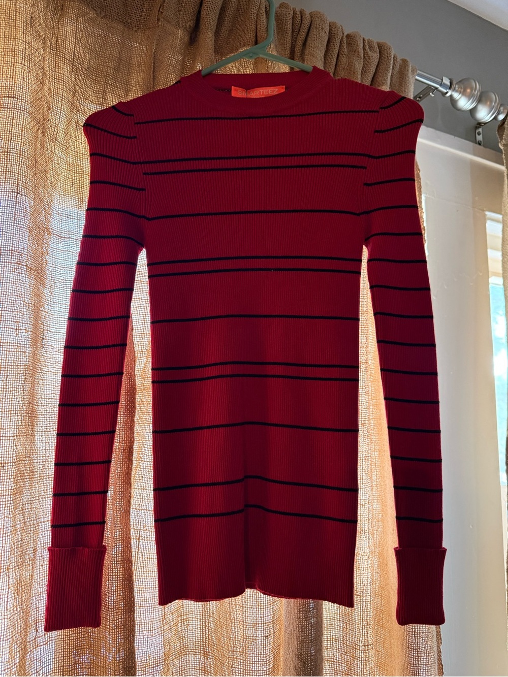 Slim Ribbed Crewneck Sweater in Red with Black Stripes